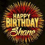Golden 'Happy Birthday Shane' text accompanied by animated rainbow fireworks for a festive animated greeting.