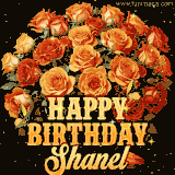 Animated bouquet of orange roses with moving butterfles and golden 'Happy Birthday Shanel' text, surrounded by sparkling accents and a dark backdrop for a luxurious feel.