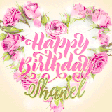 A stunning heart made of pink roses surrounds the elegant script text 'Happy Birthday Shanel' on a soft beige background. Animated sparkles add a magical and festive feel.