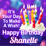 A colorful birthday GIF for Shanelle featuring a cupcake with vibrant lit candles and the text 'It's Your Day to Make a Wish! Happy Birthday Shanelle' in bold letters on a festive purple background.