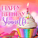 A vibrant birthday GIF featuring a rainbow-colored cupcake topped with white frosting, sprinkles, and a lit candle. The text reads 'Happy Birthday Shanelle' in bold pink and violet letters with white outline.