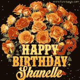 Animated bouquet of orange roses with moving butterfles and golden 'Happy Birthday Shanelle' text, surrounded by sparkling accents and a dark backdrop for a luxurious feel.