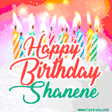 Bright birthday candles with rainbow flames on a cake, alongside the text 'Happy Birthday Shanene' in vibrant script in this celebratory animated GIF.