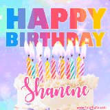 A vibrant animated name GIF with the words 'Happy Birthday Shanene' with colorful candles on a creamy cake. The background sparkles with pastel shades, adding a festive touch.