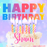 A vibrant animated name GIF with the words 'Happy Birthday Shani' with colorful candles on a creamy cake. The background sparkles with pastel shades, adding a festive touch.