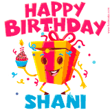 A vibrant and funny gift box character with a happy face dancing with a cupcake and the text 'Happy Birthday Shani,' surrounded by animated confetti and party vibes.