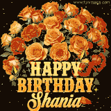 Animated bouquet of orange roses with moving butterfles and golden 'Happy Birthday Shania' text, surrounded by sparkling accents and a dark backdrop for a luxurious feel.