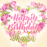 A stunning heart made of pink roses surrounds the elegant script text 'Happy Birthday Shania' on a soft beige background. Animated sparkles add a magical and festive feel.