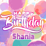 A vibrant name GIF featuring colorful balloons in shades of pink, orange, and yellow with the bold text 'Happy Birthday Shania' in festive fonts, creating a lively birthday vibe.