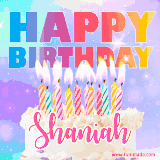 A vibrant animated name GIF with the words 'Happy Birthday Shaniah' with colorful candles on a creamy cake. The background sparkles with pastel shades, adding a festive touch.
