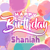 A vibrant name GIF featuring colorful balloons in shades of pink, orange, and yellow with the bold text 'Happy Birthday Shaniah' in festive fonts, creating a lively birthday vibe.