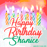 Bright birthday candles with rainbow flames on a cake, alongside the text 'Happy Birthday Shanice' in vibrant script in this celebratory animated GIF.