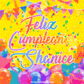 A bright and festive GIF with the text 'Feliz Cumpleaños Shanice' in Spanish in colorful fonts, surrounded by confetti, balloons, and festive banners on a vibrant yellow background.