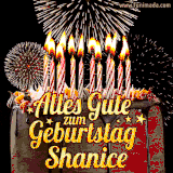 A chocolate birthday cake with glowing candles, the German text 'Alles Gute zum Geburtstag Shanice,' and vibrant fireworks lighting up the background in an animated GIF.