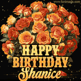 Animated bouquet of orange roses with moving butterfles and golden 'Happy Birthday Shanice' text, surrounded by sparkling accents and a dark backdrop for a luxurious feel.