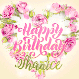 A stunning heart made of pink roses surrounds the elegant script text 'Happy Birthday Shanice' on a soft beige background. Animated sparkles add a magical and festive feel.