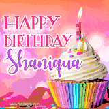 A vibrant birthday GIF featuring a rainbow-colored cupcake topped with white frosting, sprinkles, and a lit candle. The text reads 'Happy Birthday Shaniqua' in bold pink and violet letters with white outline.