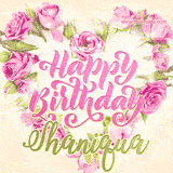A stunning heart made of pink roses surrounds the elegant script text 'Happy Birthday Shaniqua' on a soft beige background. Animated sparkles add a magical and festive feel.
