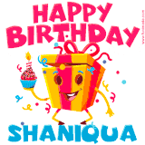 A vibrant and funny gift box character with a happy face dancing with a cupcake and the text 'Happy Birthday Shaniqua,' surrounded by animated confetti and party vibes.