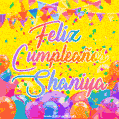 A bright and festive GIF with the text 'Feliz Cumpleaños Shaniya' in Spanish in colorful fonts, surrounded by confetti, balloons, and festive banners on a vibrant yellow background.