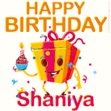 A vibrant and funny gift box character with a happy face dancing with a cupcake and the text 'Happy Birthday Shaniya,' surrounded by animated confetti and party vibes.