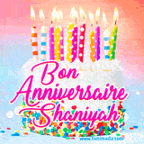 A white birthday cake covered in colorful sprinkles, topped with bright candles, and French text 'Bon Anniversaire Shaniyah' on a pastel gradient background in an animated GIF.