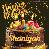 A delightful chocolate birthday cake with bright candles and 'Happy Birthday Shaniyah' written in gold amidst a shower of animated stars.
