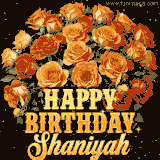 Animated bouquet of orange roses with moving butterfles and golden 'Happy Birthday Shaniyah' text, surrounded by sparkling accents and a dark backdrop for a luxurious feel.