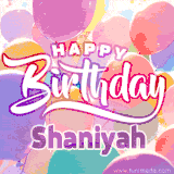 A vibrant name GIF featuring colorful balloons in shades of pink, orange, and yellow with the bold text 'Happy Birthday Shaniyah' in festive fonts, creating a lively birthday vibe.