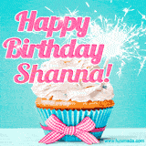 A festive cupcake with pink icing, a gingham bow, and a lit animated sparkler, paired with 'Happy Birthday Shanna!' in bright pink text.