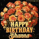 Animated bouquet of orange roses with moving butterfles and golden 'Happy Birthday Shanna' text, surrounded by sparkling accents and a dark backdrop for a luxurious feel.