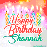 Bright birthday candles with rainbow flames on a cake, alongside the text 'Happy Birthday Shannah' in vibrant script in this celebratory animated GIF.