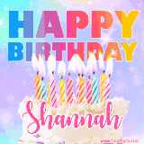 A vibrant animated name GIF with the words 'Happy Birthday Shannah' with colorful candles on a creamy cake. The background sparkles with pastel shades, adding a festive touch.
