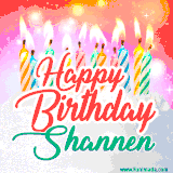 Bright birthday candles with rainbow flames on a cake, alongside the text 'Happy Birthday Shannen' in vibrant script in this celebratory animated GIF.