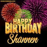 A golden 'Happy Birthday Shannen' message with vibrant fireworks in the background, creating a festive and celebratory vibe in this animated name GIF.