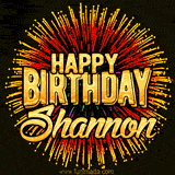 Golden 'Happy Birthday Shannon' text accompanied by animated rainbow fireworks for a festive animated greeting.