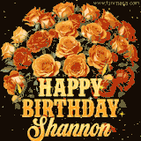 Animated bouquet of orange roses with moving butterfles and golden 'Happy Birthday Shannon' text, surrounded by sparkling accents and a dark backdrop for a luxurious feel.