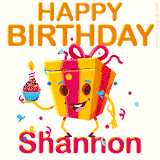 A vibrant and funny gift box character with a happy face dancing with a cupcake and the text 'Happy Birthday Shannon,' surrounded by animated confetti and party vibes.