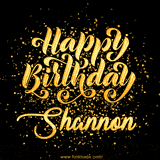 Animated GIF with colorful, festive 'Happy Birthday Shannon' text decorated with patterns, a party hat, and falling confetti. A vibrant and cheerful design for birthday celebrations.
