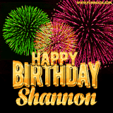 A captivating GIF with bursts of green, pink, and orange fireworks lighting up the night sky, accompanied by 'Happy Birthday Shannon' in glowing golden text.