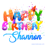 Animated GIF with colorful, festive 'Happy Birthday Shannon' text decorated with patterns, a party hat, and falling confetti. A vibrant and cheerful design for birthday celebrations.