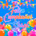 A vibrant animated GIF with 'Feliz Cumpleaños Shant' written in colorful script, surrounded by balloons, confetti, and bunting on a bright blue background.