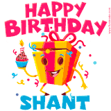 A funny animated birthday GIF with the words 'Happy Birthday Shanta', colorful gift box with arms and legs, holding a cupcake with a lit candle  with confetti everywhere.
