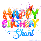 Animated GIF with colorful, festive 'Happy Birthday Shant' text decorated with patterns, a party hat, and falling confetti. A vibrant and cheerful design for birthday celebrations.