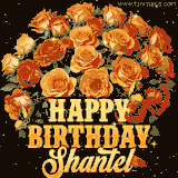 Animated bouquet of orange roses with moving butterfles and golden 'Happy Birthday Shantel' text, surrounded by sparkling accents and a dark backdrop for a luxurious feel.