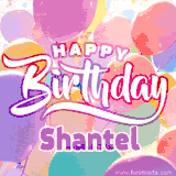 A vibrant name GIF featuring colorful balloons in shades of pink, orange, and yellow with the bold text 'Happy Birthday Shantel' in festive fonts, creating a lively birthday vibe.