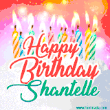 Bright birthday candles with rainbow flames on a cake, alongside the text 'Happy Birthday Shantelle' in vibrant script in this celebratory animated GIF.