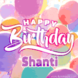 A vibrant name GIF featuring colorful balloons in shades of pink, orange, and yellow with the bold text 'Happy Birthday Shanti' in festive fonts, creating a lively birthday vibe.
