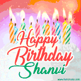 Bright birthday candles with rainbow flames on a cake, alongside the text 'Happy Birthday Shanvi' in vibrant script in this celebratory animated GIF.