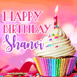 A vibrant birthday GIF featuring a rainbow-colored cupcake topped with white frosting, sprinkles, and a lit candle. The text reads 'Happy Birthday Shanvi' in bold pink and violet letters with white outline.